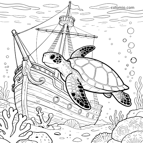 Uma tartaruga marinha nada diante de um navio naufragado no fundo do mar, com bolhas, corais, conchas e uma âncora.