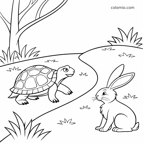 Uma tartaruga e uma lebre se encaram em um caminho sinuoso na floresta, com grama e árvores ao redor.