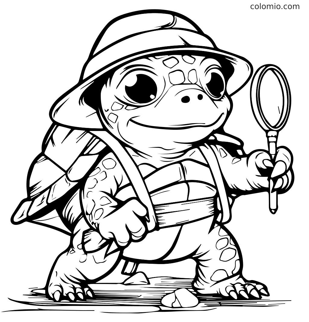 A cute cartoon turtle wearing a hat and holding a magnifying glass, ready to explore. Perfect for kids' coloring activities.