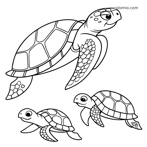 Três tartarugas marinhas nadando, com cascos detalhados, nadadeiras e marcas no rosto em estilo mais realista.