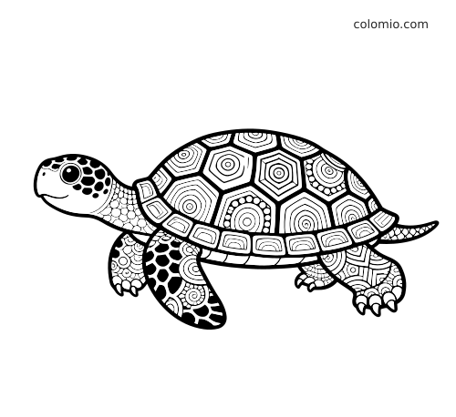 Uma tartaruga vista de lado com casco em padrão zentangle, patas detalhadas e cauda longa em contorno preto.