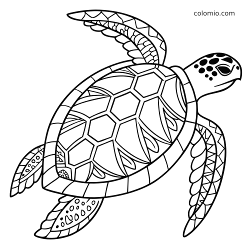 Tartaruga marinha vista de cima, com casco em estilo zentangle e nadadeiras com padrões em contorno preto grosso.