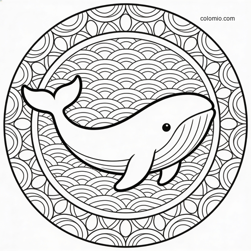En hval i midten av en rund mandala av bølger. En hval i midten av en rund mandala av bølger.