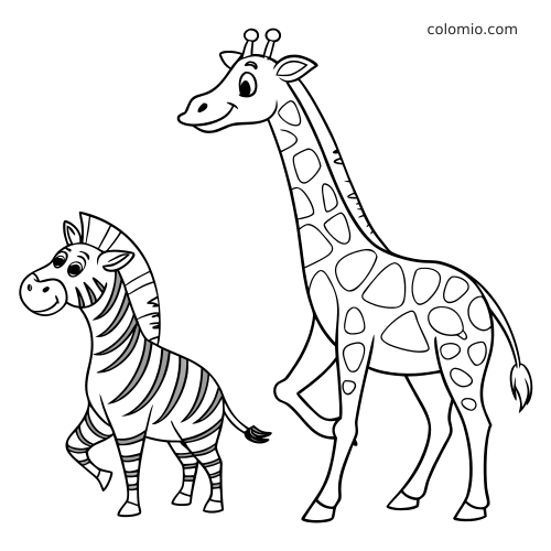Un zèbre et une girafe en dessin animé, souriants, avec des contours simples, debout côte à côte.