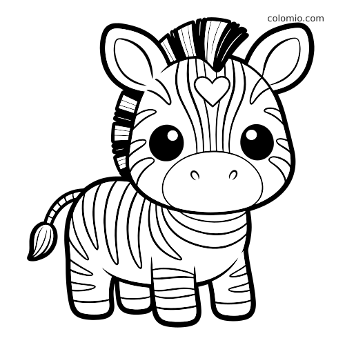 Un zèbre kawaii vu de face, avec de grands yeux, des formes arrondies et une marque en forme de cœur sur le front.