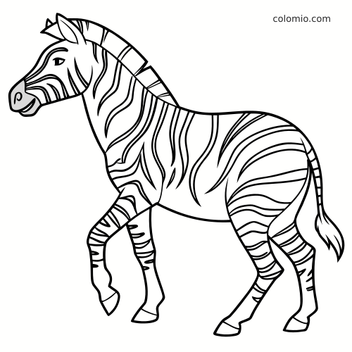 Contour en noir et blanc d’un zèbre simple vu de profil, en train de marcher, avec des rayures bien marquées.