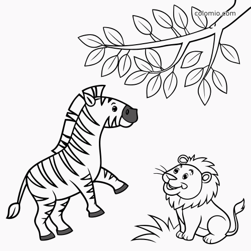 Un zèbre et un lion souriant en dessin animé, sous une branche d’arbre feuillue, en traits simples à colorier.