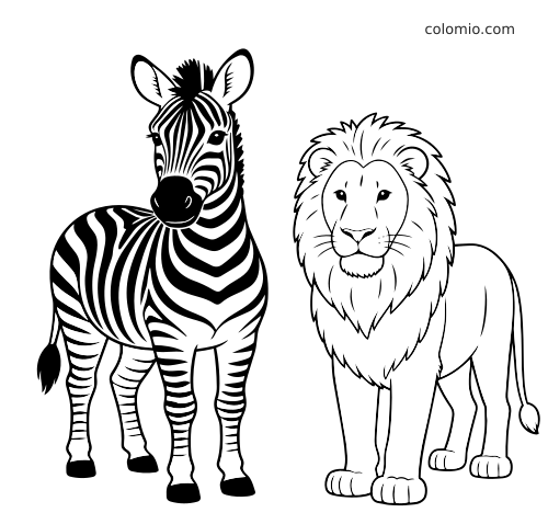 Un zèbre et un lion mâle se tiennent côte à côte, vus de face, dans un dessin au trait aux contours épais.