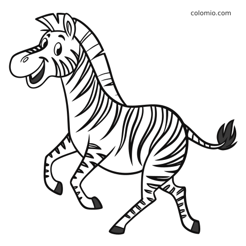 Uma zebra em estilo cartoon correndo, com sorriso grande, listras marcantes e traços arredondados.