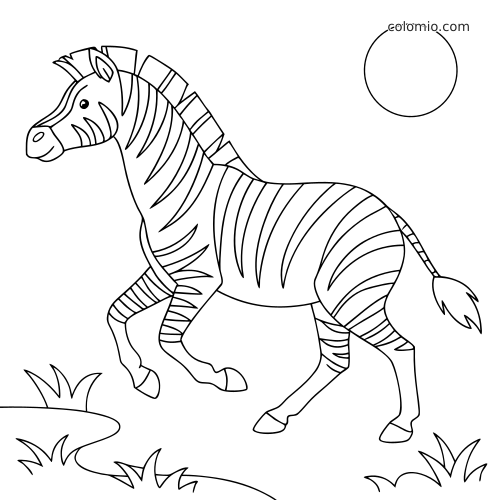 Dessin au trait d’un zèbre en train de courir, avec de l’herbe et un soleil en arrière-plan, dans un style cartoon simple.
