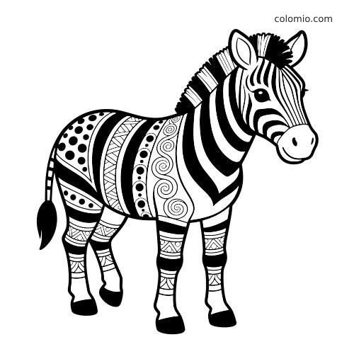 Un zèbre en noir et blanc, vu de profil, avec de larges rayures et des motifs décoratifs de style zentangle sur le corps.