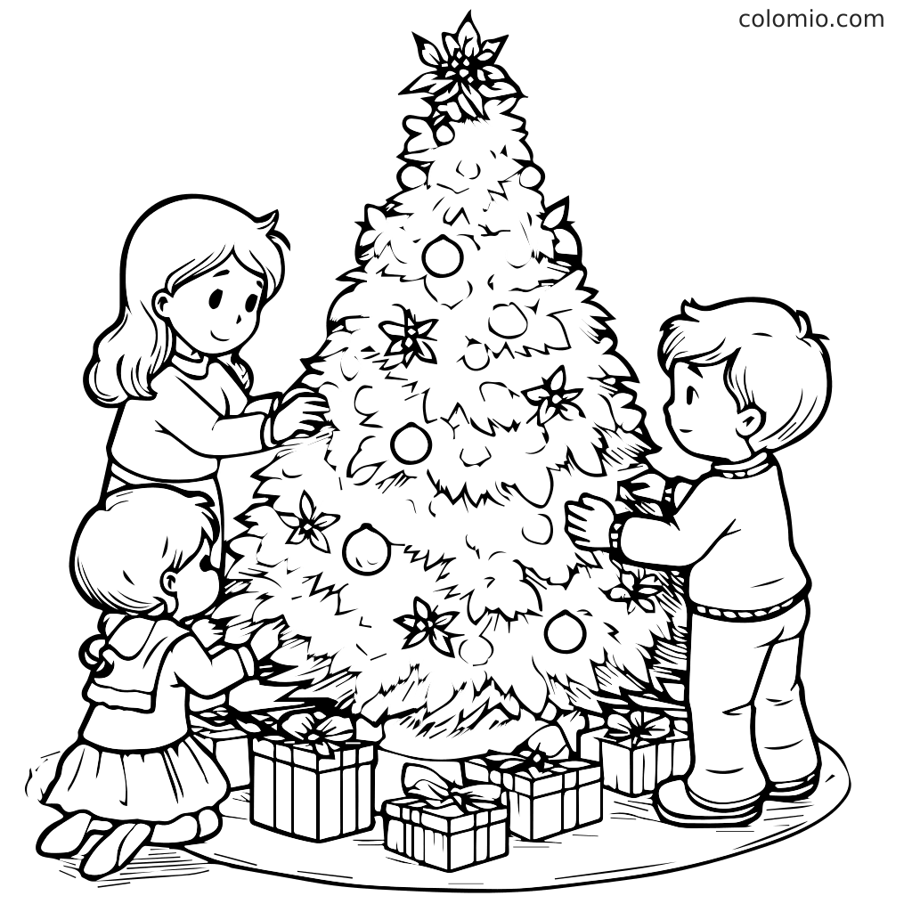 Een kleurplaat met kinderen die een kerstboom versieren, omringd door cadeaus.