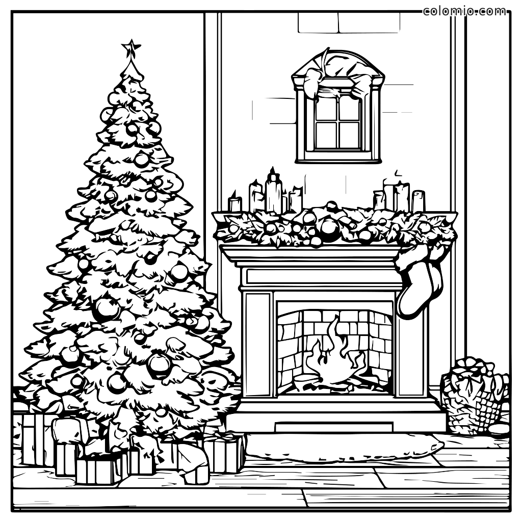 En sort-hvid farvelægningsside med et pyntet juletræ, en pejs med strømper og gaver.