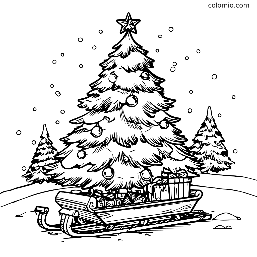 En malebog med et pyntet juletræ, en slæde fuld af gaver og snefnug, der falder omkring det.