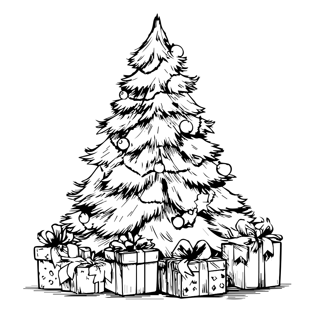 Un contour noir et blanc d'un sapin de Noël entouré de cadeaux emballés, parfait pour colorier.