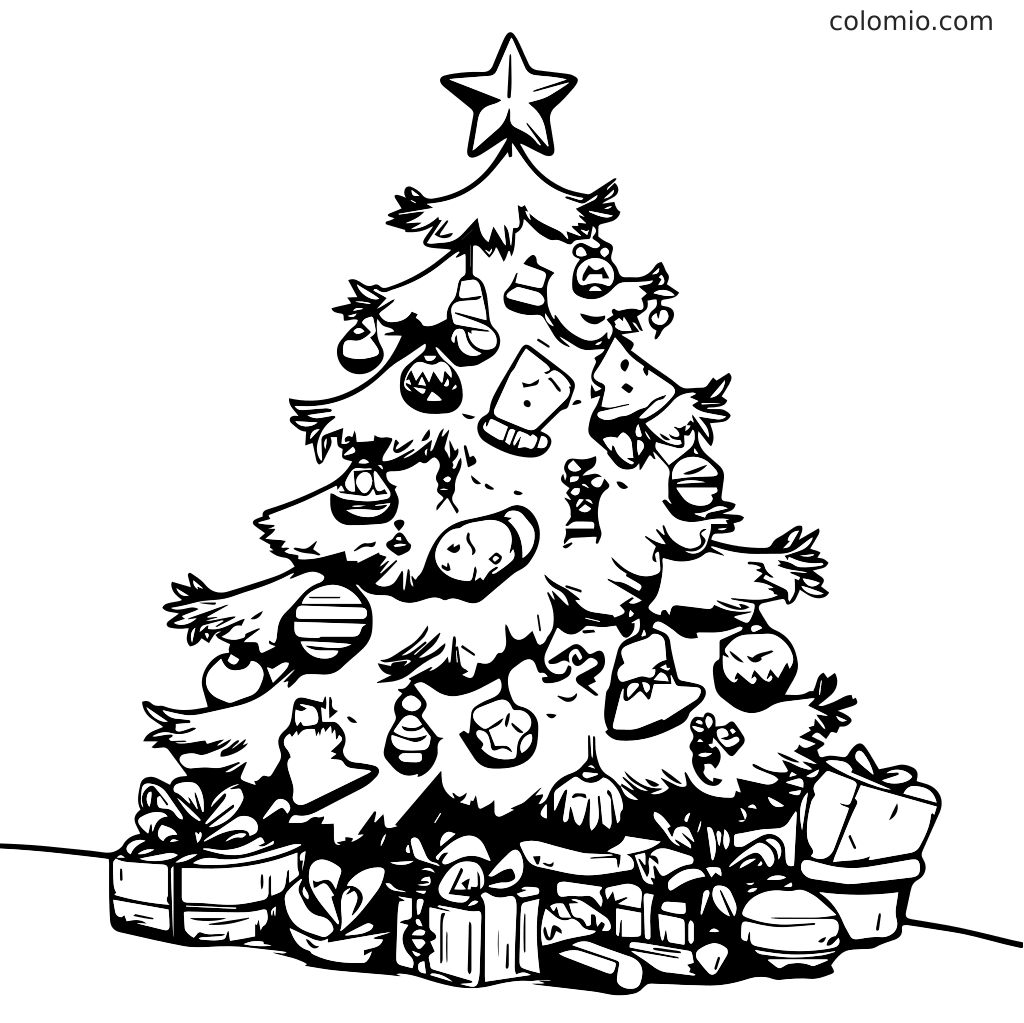 En svartvit kontur av en dekorerad julgran med presenter under, perfekt för att färglägga.