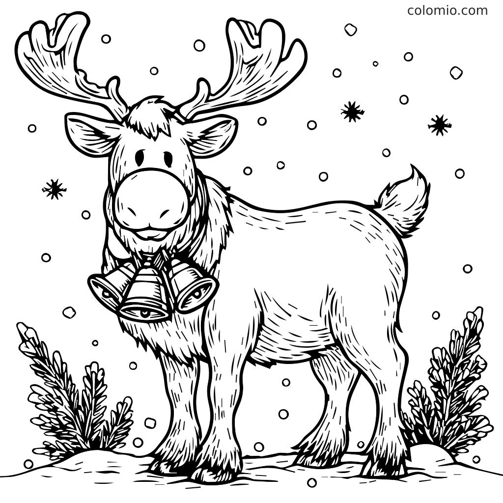 En legesyg elg iført klokker i et snefyldt landskab med træer og snefnug.