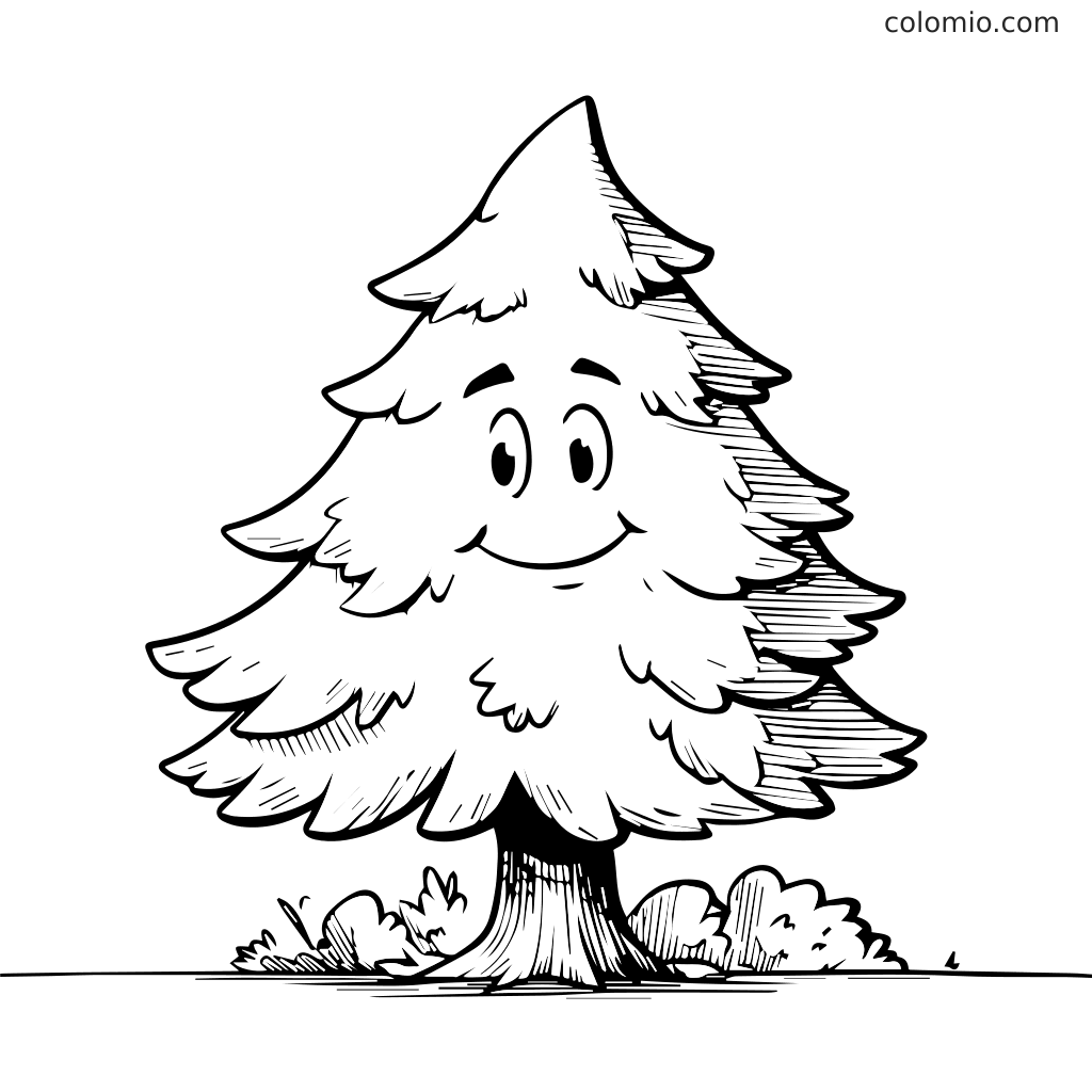 Un albero di pino cartoon allegro con un volto sorridente, circondato da cespugli, pronto per essere colorato.