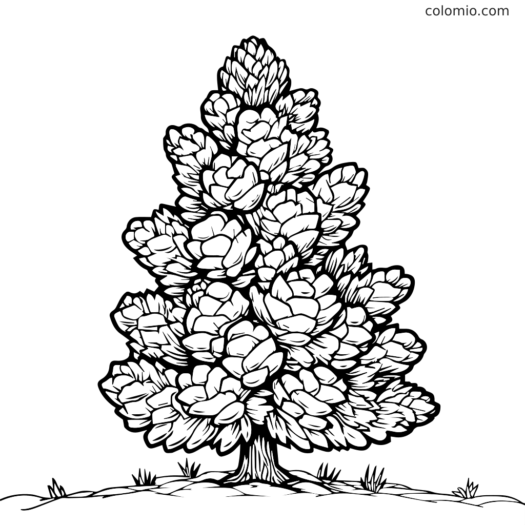 Detaljert fargeleggingsside med furu for barn En svart-hvitt kontur av en furu med detaljerte furukongler, perfekt for fargelegging.