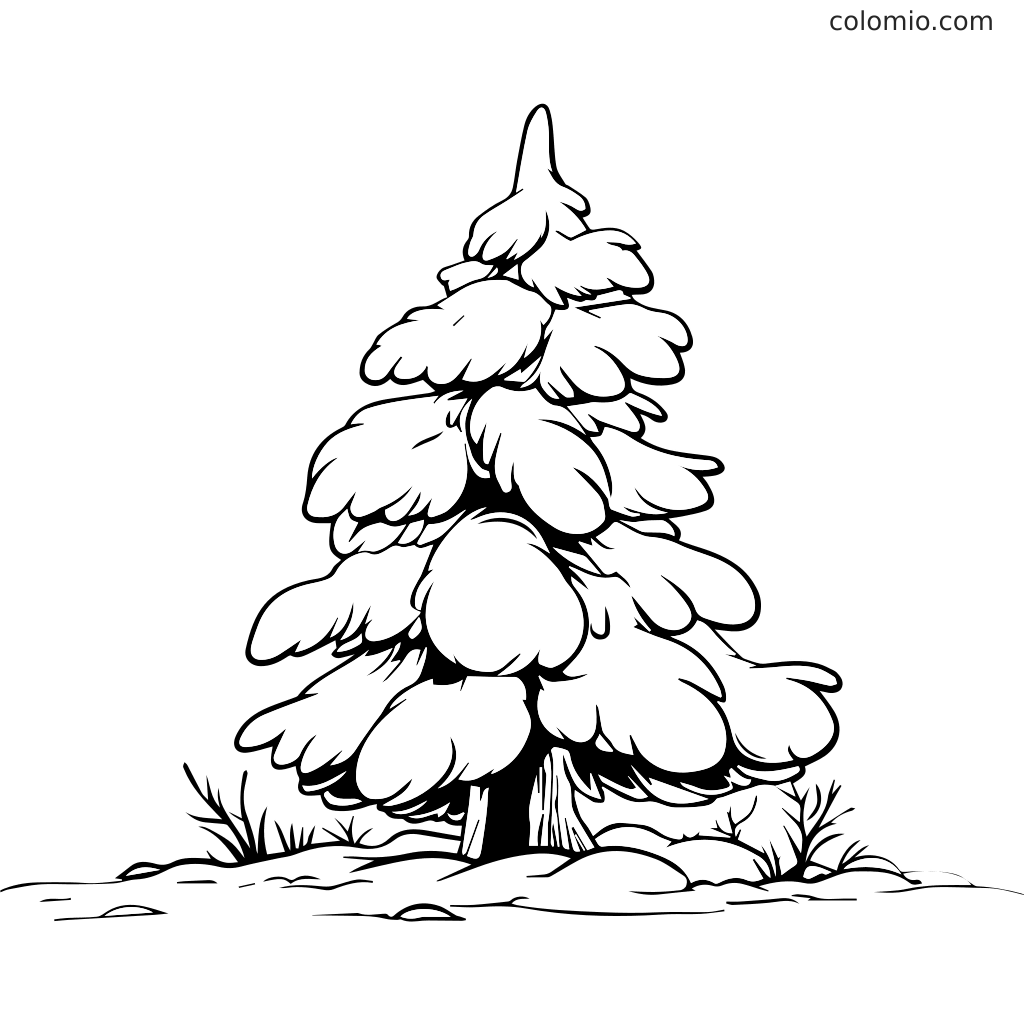 En svartvit kontur av en snöig tall med fluffiga grenar och en enkel mark.