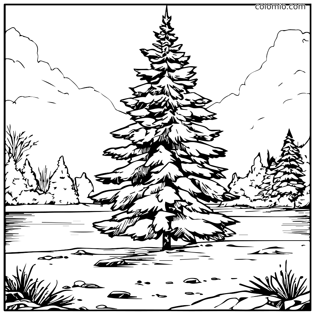 En detaljerad svartvit målarbild med en snötäckta tall i ett vinterlandskap med berg och en sjö.