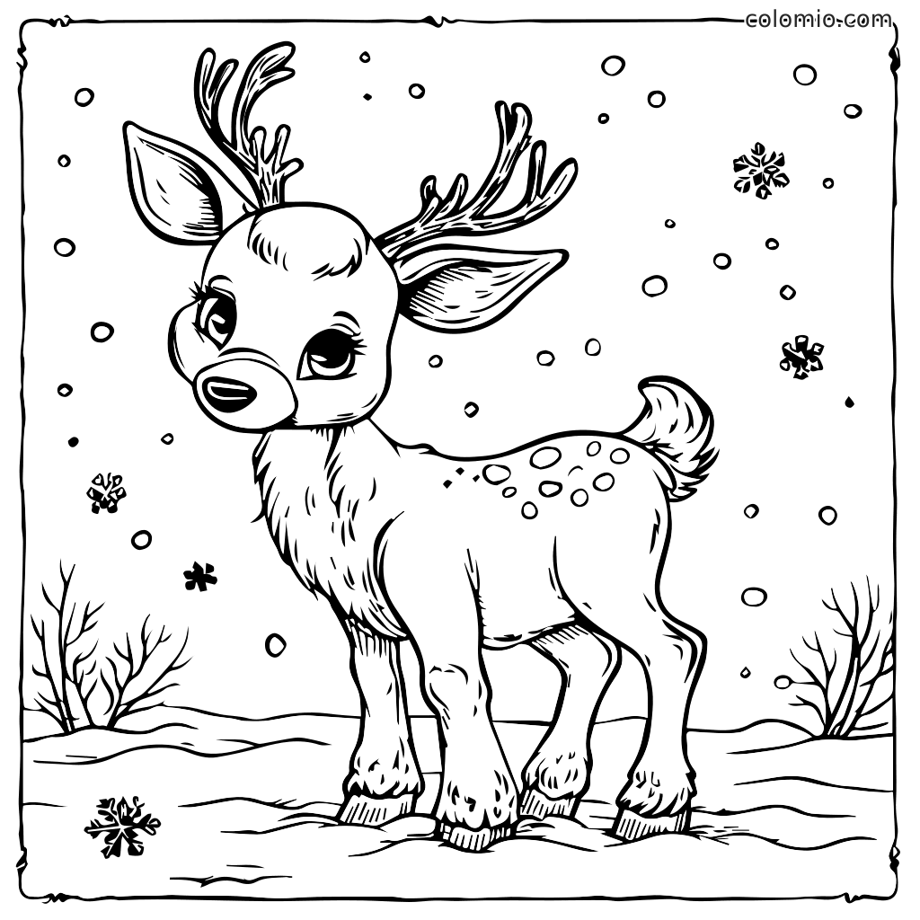 En søt babyhjort står i snøen med snøfnugg som faller rundt den, perfekt for farging.