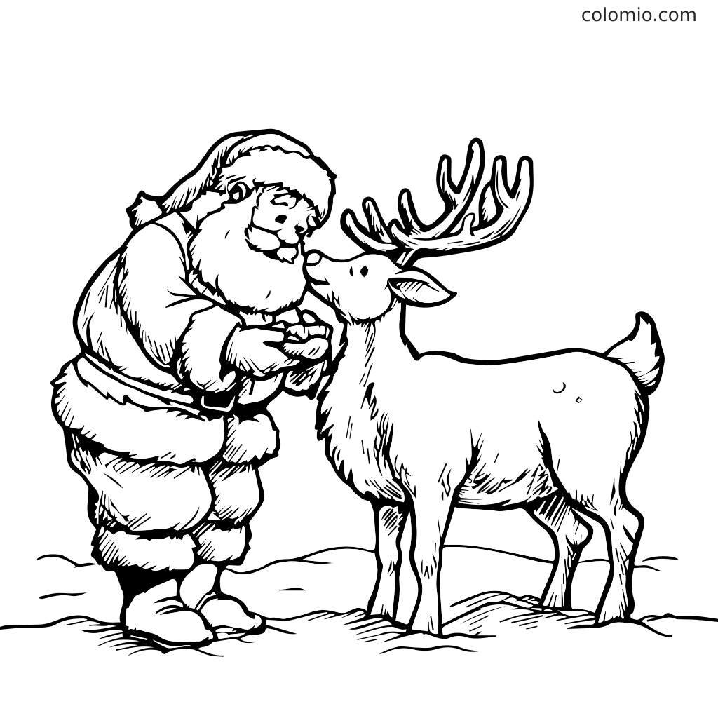 En fargeleggingsside med Julenissen og et reinsdyr i en snødekt setting, perfekt for barn.