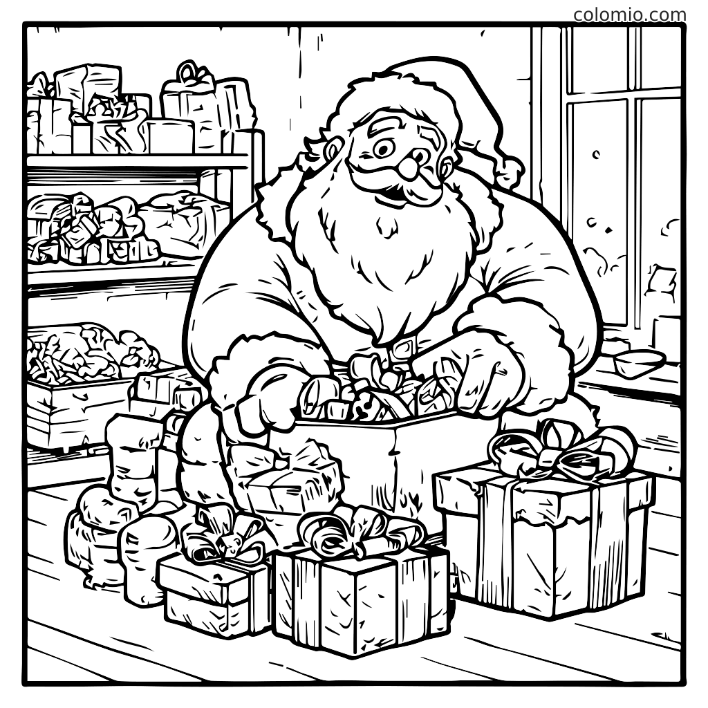 En glad Julemand sorterer gaver fra en kasse med indpakkede gaver omkring sig, klar til jul.