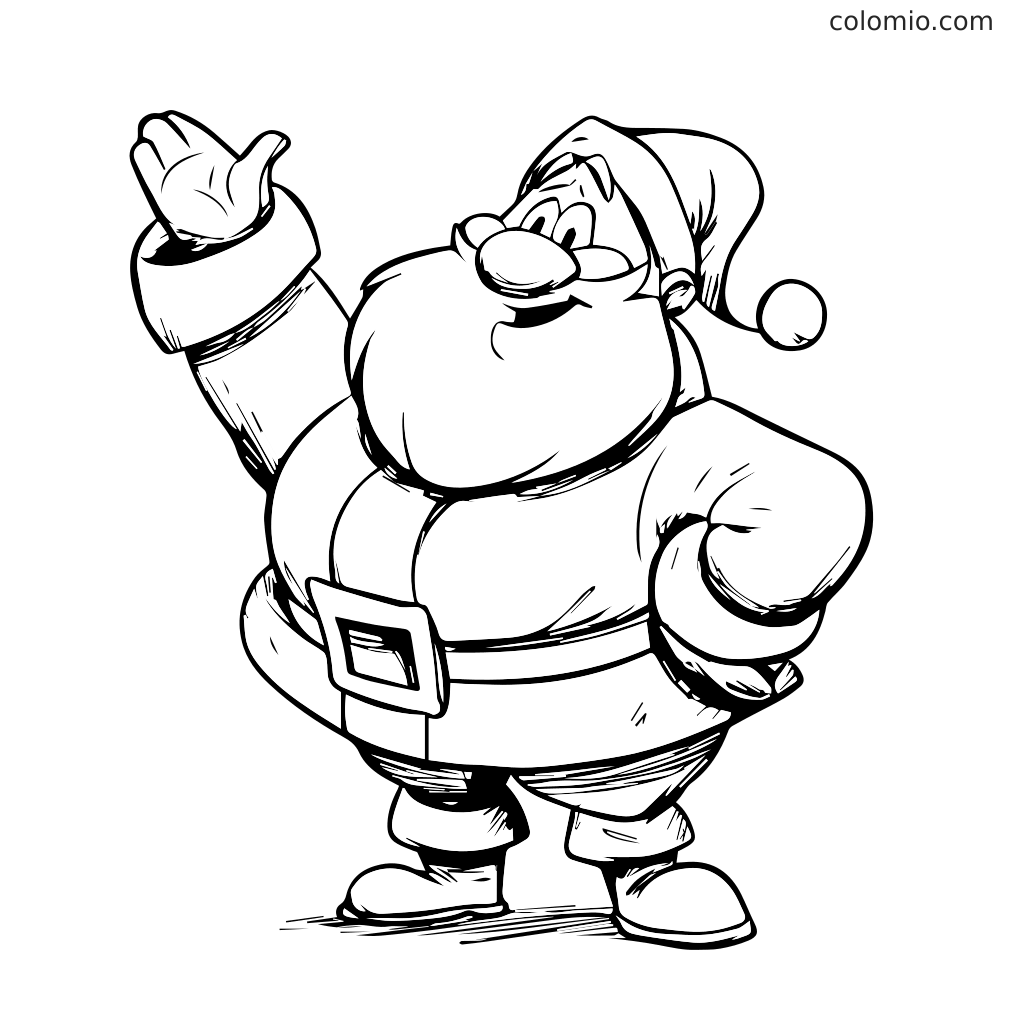 Um Papai Noel alegre com uma grande barba e uma mão acenando, contorno para colorir.