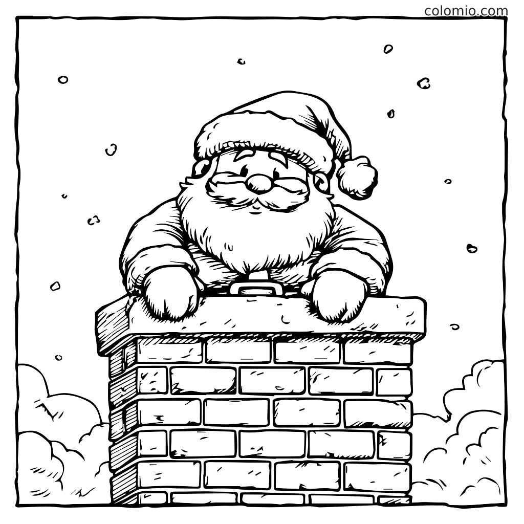 Un joyeux Père Noël assis sur une cheminée, entouré de flocons de neige.