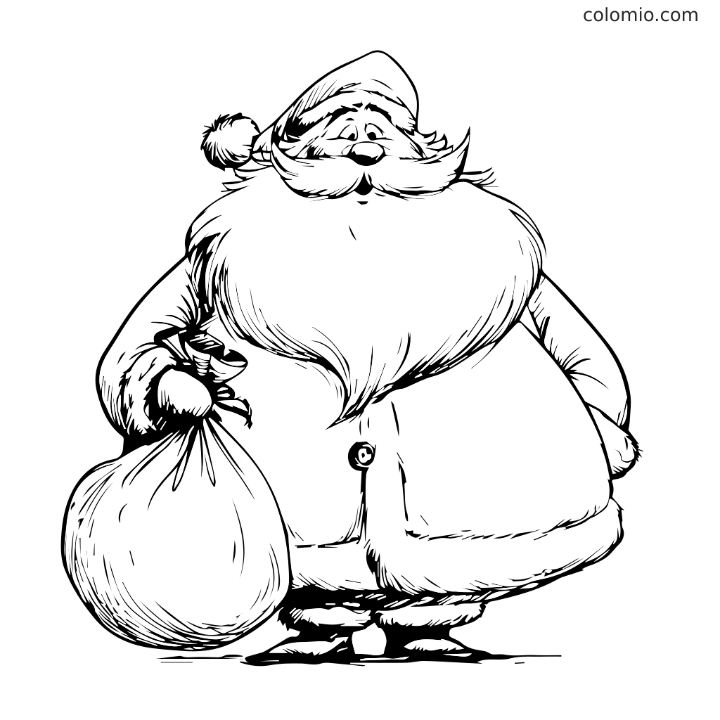 A cheerful Santa Claus character holding a large gift bag, perfect for coloring.