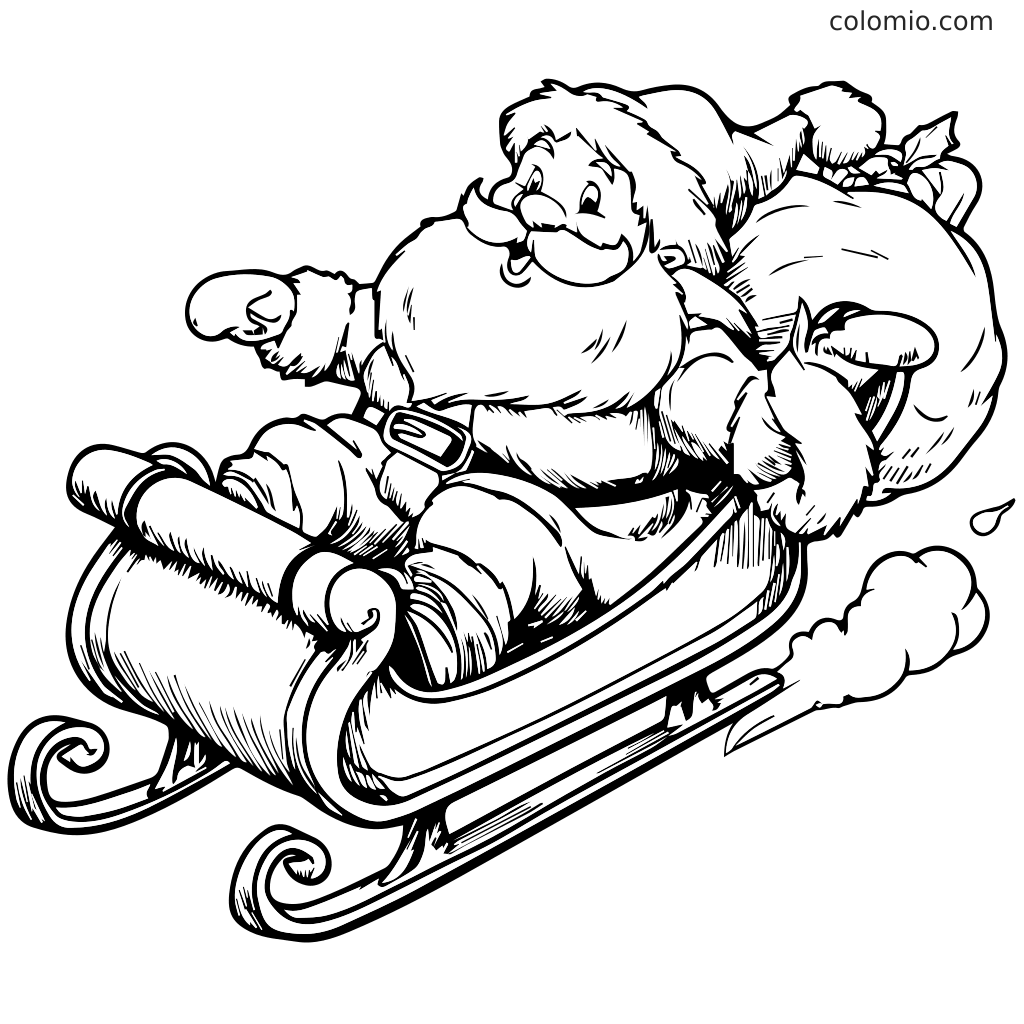 A cheerful Santa Claus with a big sack riding a sleigh, perfect for coloring.