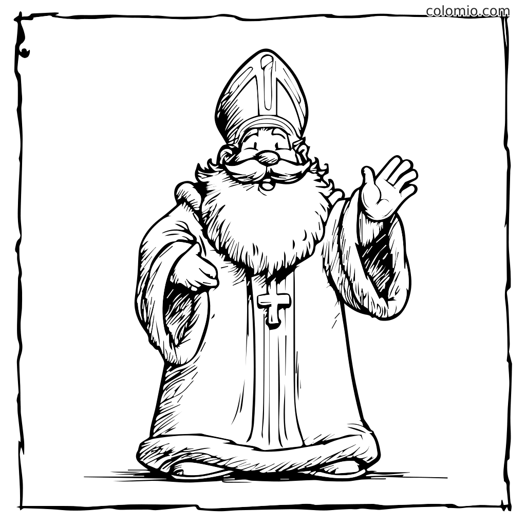 Strona do kolorowania wesołego Świętego Mikołaja z brodą Wesoły Święty Mikołaj z długą brodą i krzyżem na szacie, machający ręką. Idealny do kolorowania.