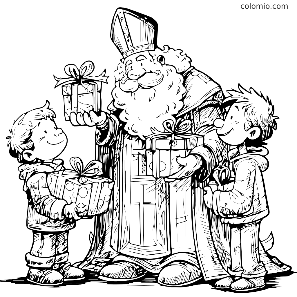 Een vrolijke figuur met een baard geeft cadeaus aan twee blije kinderen in deze kleurplaat.