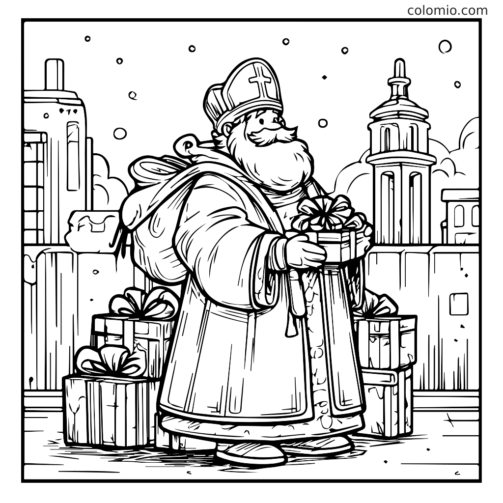 Een vrolijke figuur in een gewaad die geschenken vasthoudt in een besneeuwde stad, perfect om in te kleuren.