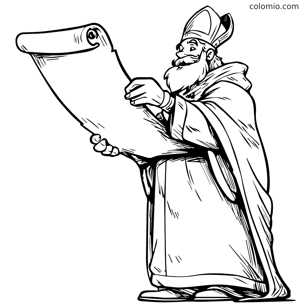 Sinterklaas met een baard en een gewaad die een grote rol vasthoudt, klaar om in te kleuren.