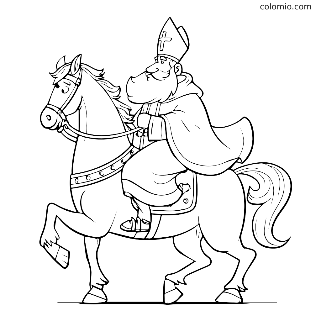 Sankt Nikolaus i dräkt och mitra som rider på en häst, kontur för färgläggning.