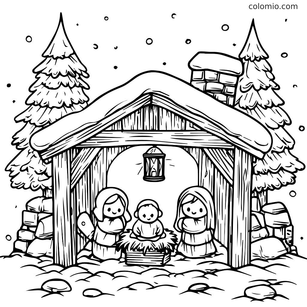 En vinterkrybbescene med en stald, baby Jesus i en krybbe og to figurer, omgivet af sneklædte træer.