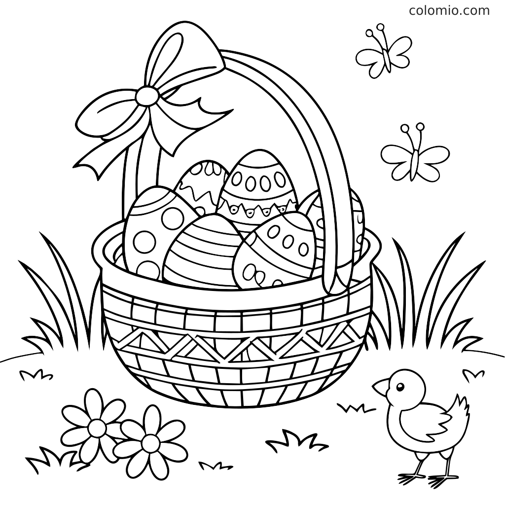 Uma cesta de Páscoa cheia de ovos com padrões, com um laço no topo, além de grama, flores, borboletas e um pintinho por perto.