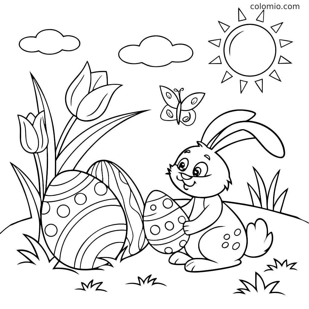 Um coelho segurando um ovo de Páscoa decorado ao lado de ovos maiores com padrões, tulipas, uma borboleta, nuvens e um sol.