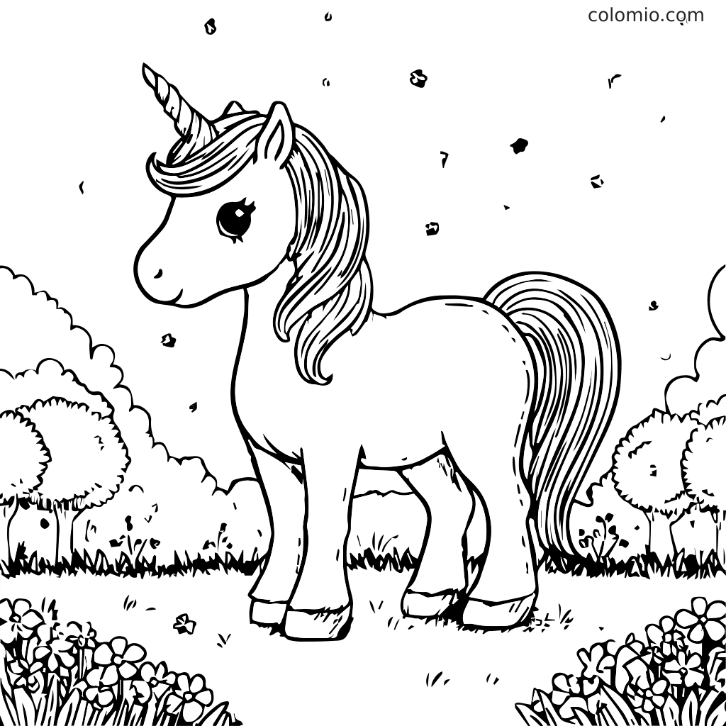 A cute unicorn standing in a grassy field surrounded by flowers and trees, ready for coloring.