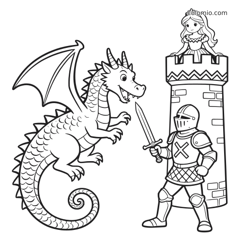 Un drago in stile cartone affronta un cavaliere con la spada, mentre una principessa osserva dalla torre del castello.