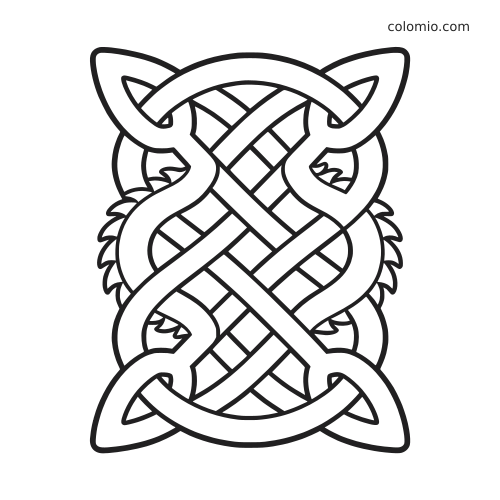 Disegno in bianco e nero di un drago stilizzato formato da un intricato intreccio di nodi celtici in verticale.