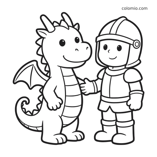 Un drago in stile cartone e un cavaliere sorridente sono in piedi uno accanto all’altro e si stringono la mano.