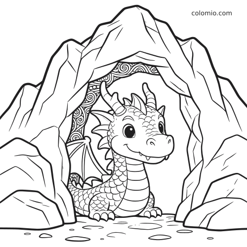 Un piccolo drago con grandi occhi sbuca dall’ingresso di una grotta di montagna in un semplice disegno in bianco e nero.