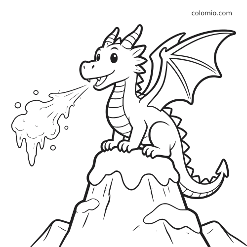 Un drago di ghiaccio in stile cartone animato è seduto su una vetta innevata e soffia una nuvola gelida, con contorni spessi e semplici.