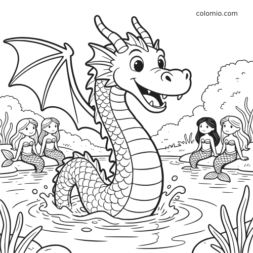 Un drago d'acqua in stile cartoon emerge dal lago mentre quattro sirene sono sedute vicino alla riva e lo osservano.