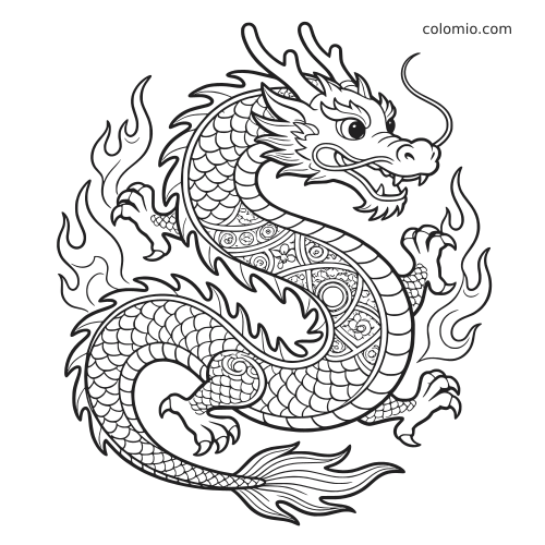 Un drago dettagliato con scaglie sovrapposte e motivi decorativi in stile mandala, circondato da fiamme sinuose.