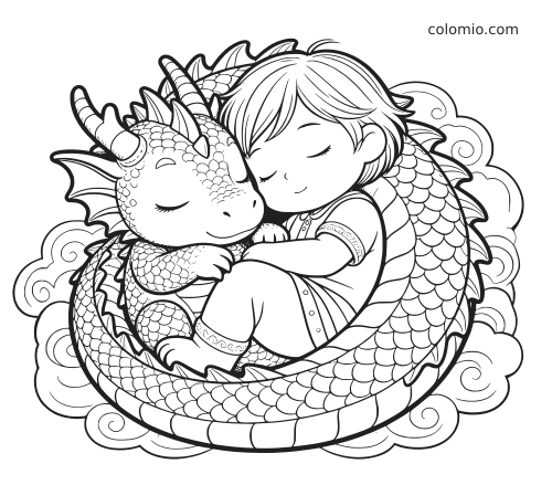 Disegno in bianco e nero di un bimbo addormentato che abbraccia un cucciolo di drago arrotolato tra nuvole stilizzate.