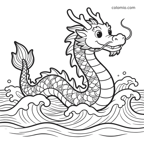 Un drago d'acqua in stile asiatico emerge tra le onde del mare, con corna, baffi lunghi e squame decorate.